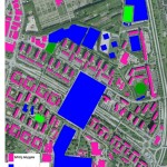 Karta över befintlig bebyggelse (2011) och planerad ny (2030) bebyggelse i Rosengård.